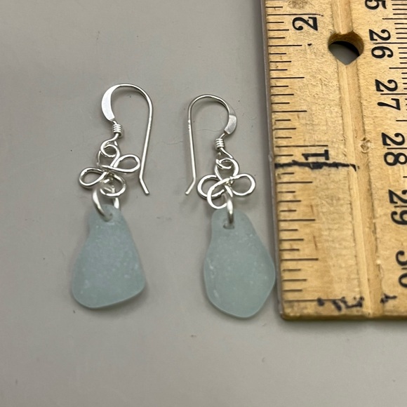 Sterling Silver and Teal Sea Glass Earrings with Sterling Hooks - Picture 2 of 2